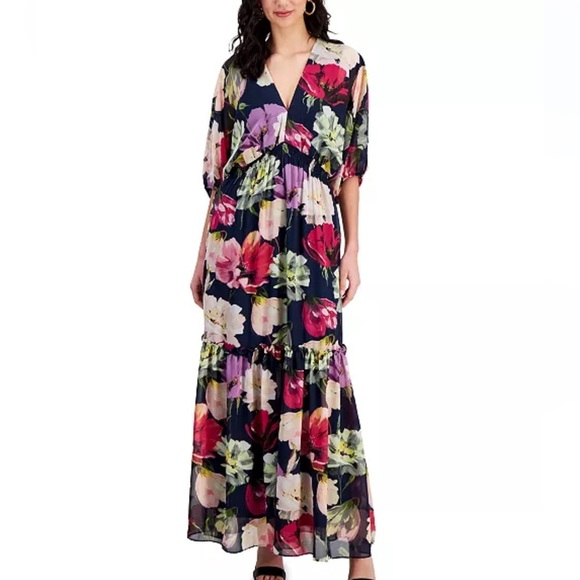 NWT Taylor Plus Size V-Neck Chiffon Elbow-Sleeve Maxi Dress Navy Lilac size 20W - Picture 2 of 12